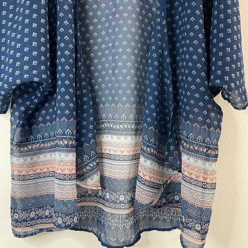 Dizzy Gal Navy Sheer Open Front Kimono Cardigan L Boho Print Women's Lightweight - Picture 4 of 8